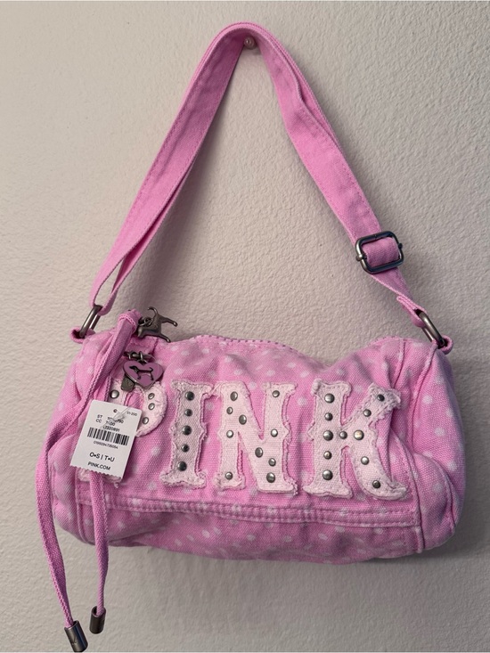 PINK Victoria's Secret Handbags - PINK Victoria's Secret Pink Polka Dot Canvas Rolled Duffle Shoulder Bag NWT